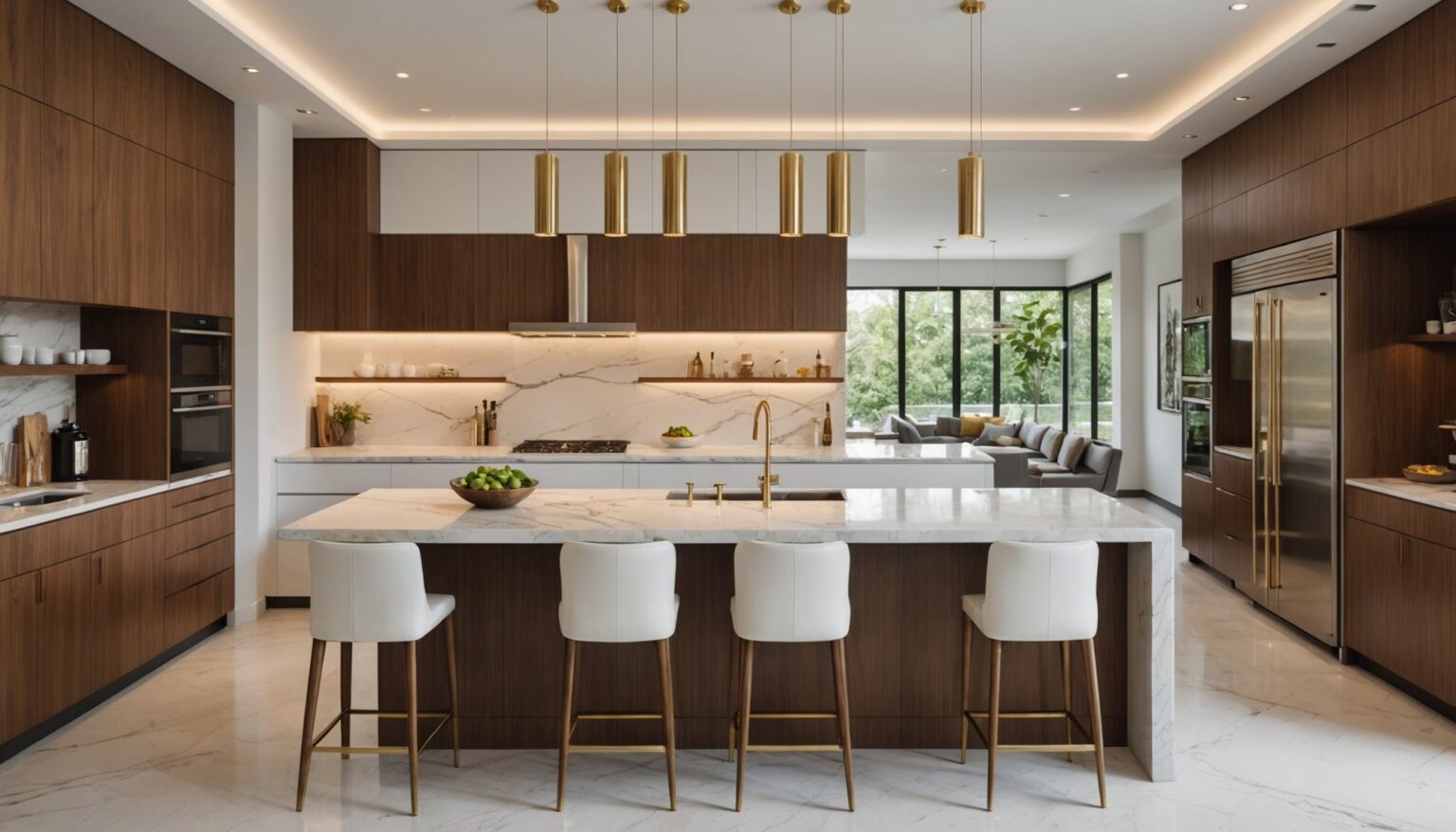 Table bar moderne en bois avec chaises hautes dans une cuisine lumineuse