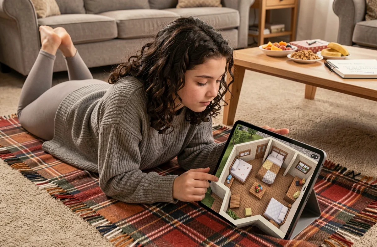 Adolescente consultant un schéma de craft de lit double Minecraft sur une tablette, allongée sur une couverture à carreaux dans un salon chaleureux