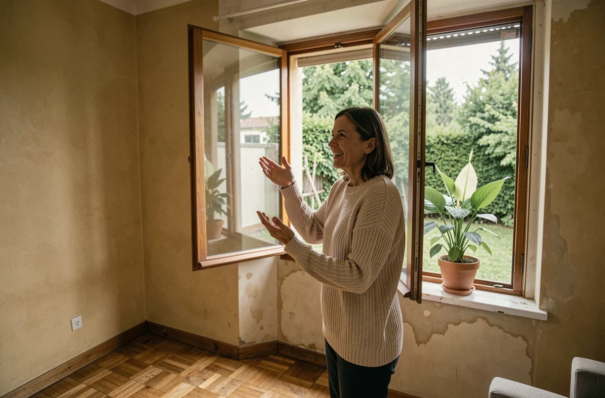 Femme ouvrant une fenêtre pour aérer naturellement un salon et supprimer les odeurs d'humidité sans parfum artificiel