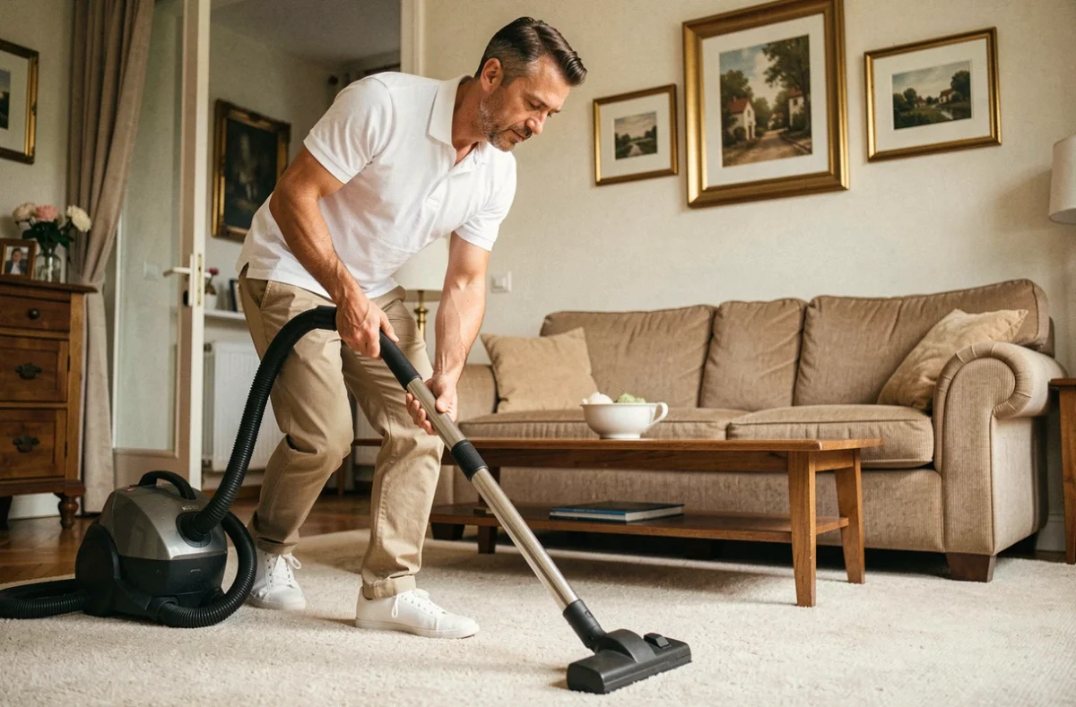 Agent de nettoyage passant l'aspirateur dans un salon de maison individuelle à Blagnac