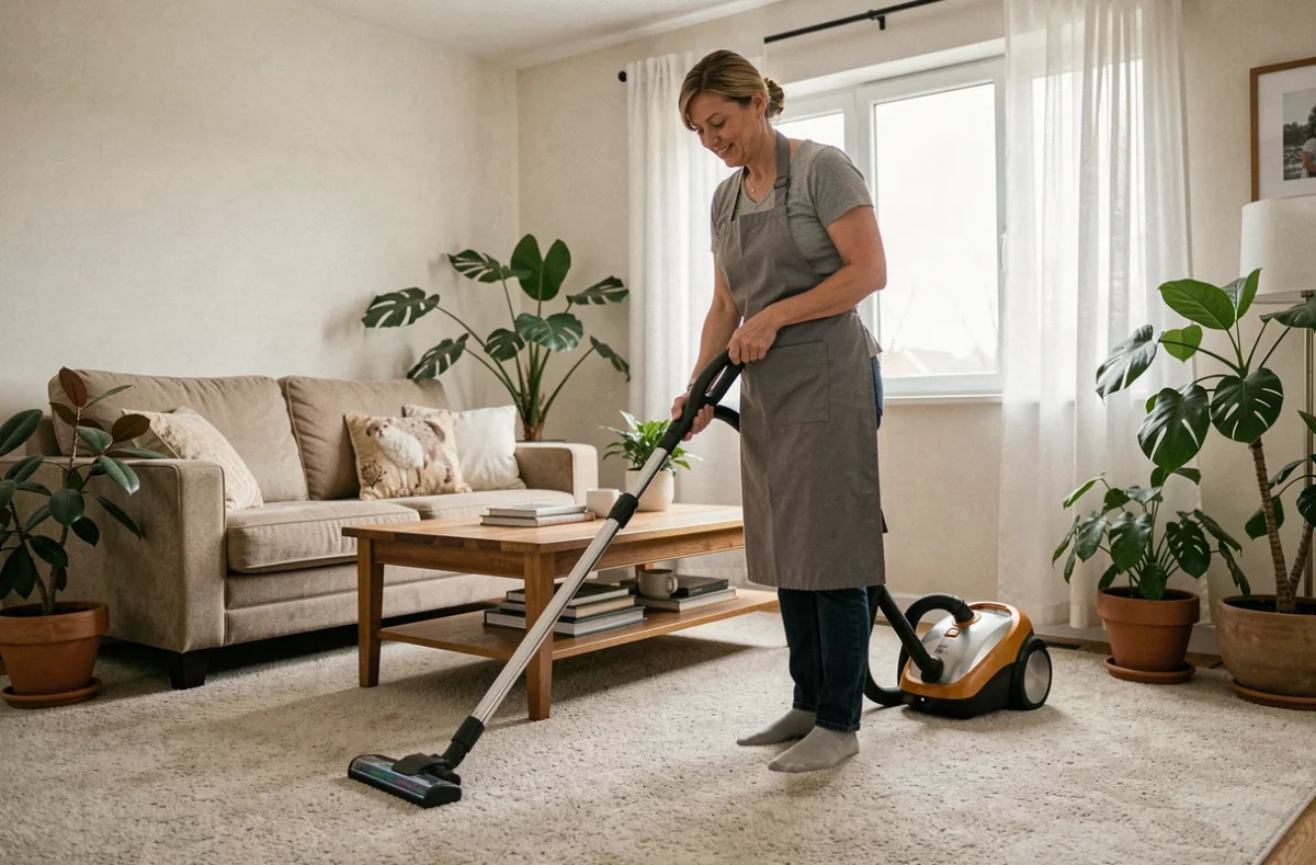 Aide ménagère passant l'aspirateur dans un salon confortable avec canapé beige et plantes vertes