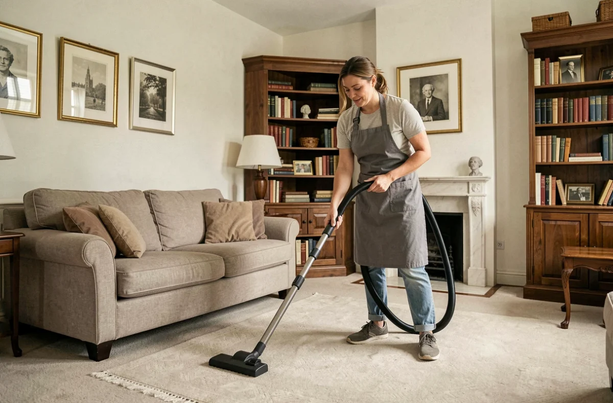 Aide ménagère passant l'aspirateur dans un salon bien aménagé d'une maison à Chambéry