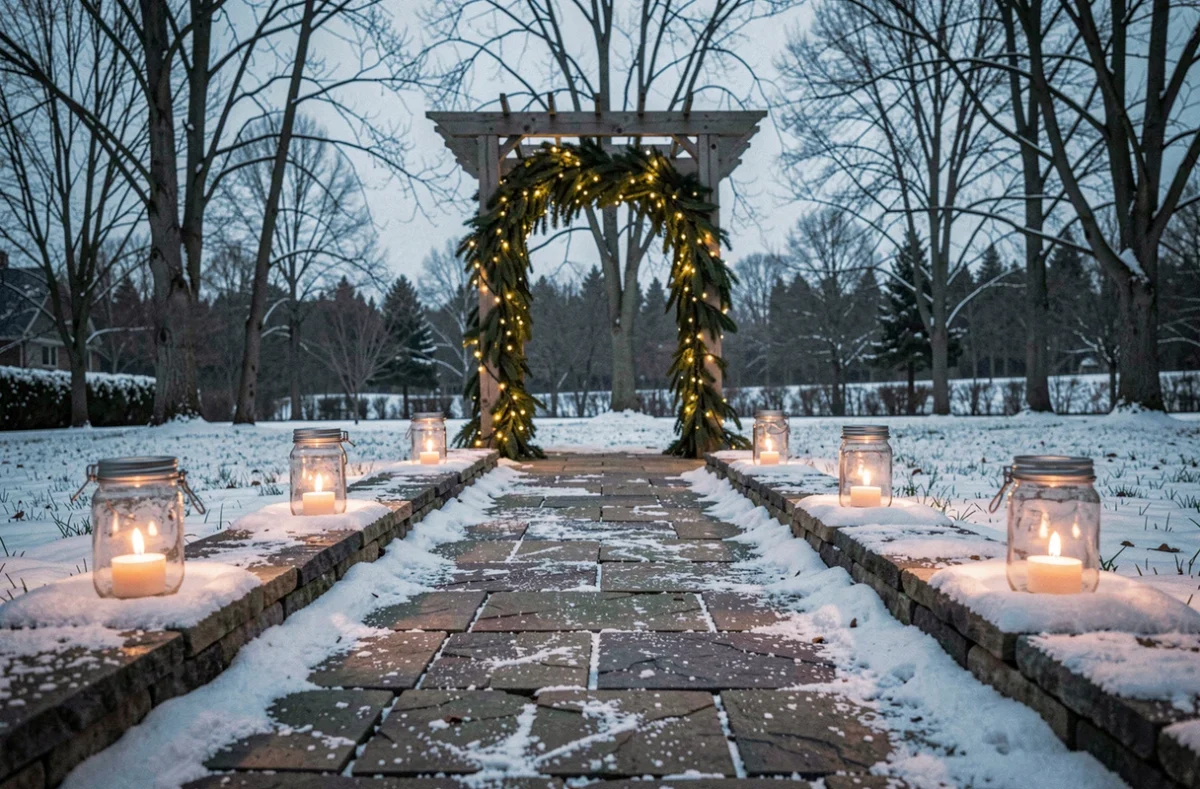 Allée de jardin décorée pour Noël avec lanternes en verre et arche lumineuse enguirlandée sous la neige