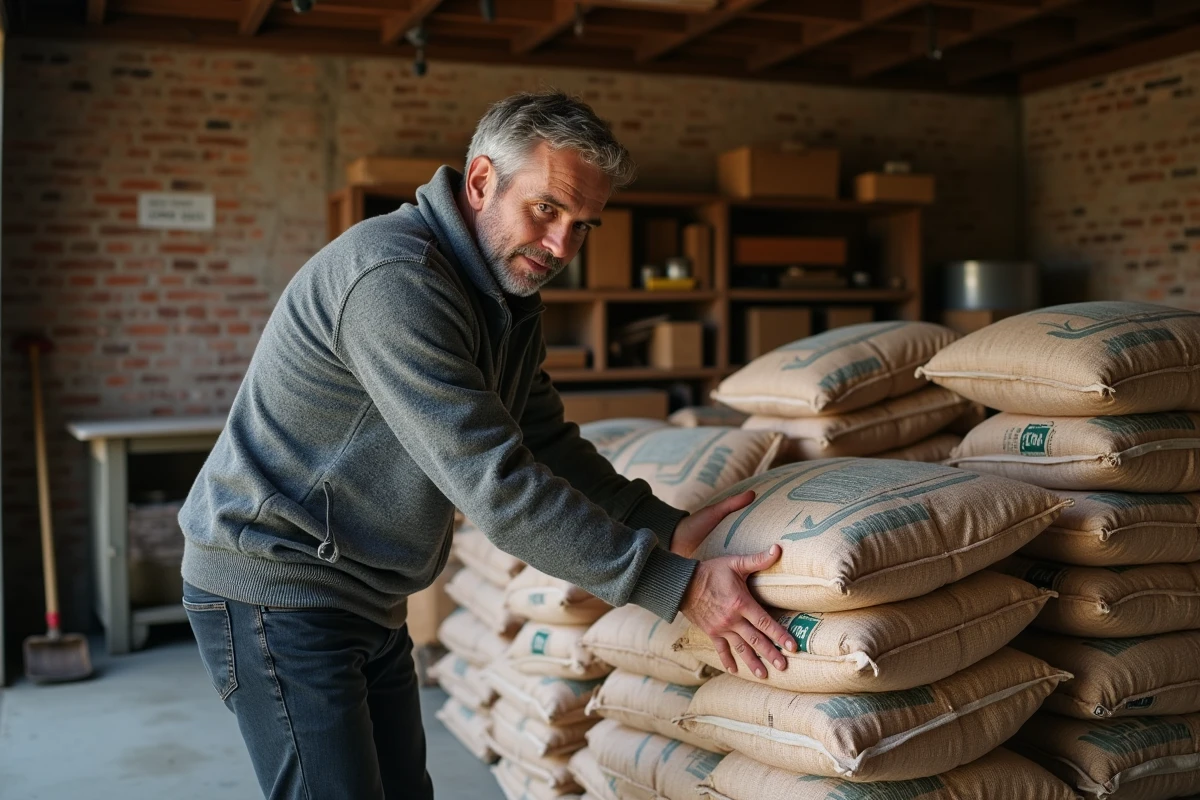 Homme empilant des sacs de granulés de bois alternatifs dans un garage rustique en briques