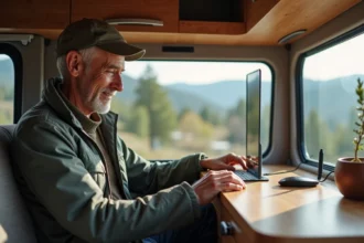 Homme ajustant une antenne TV dans un van aménagé