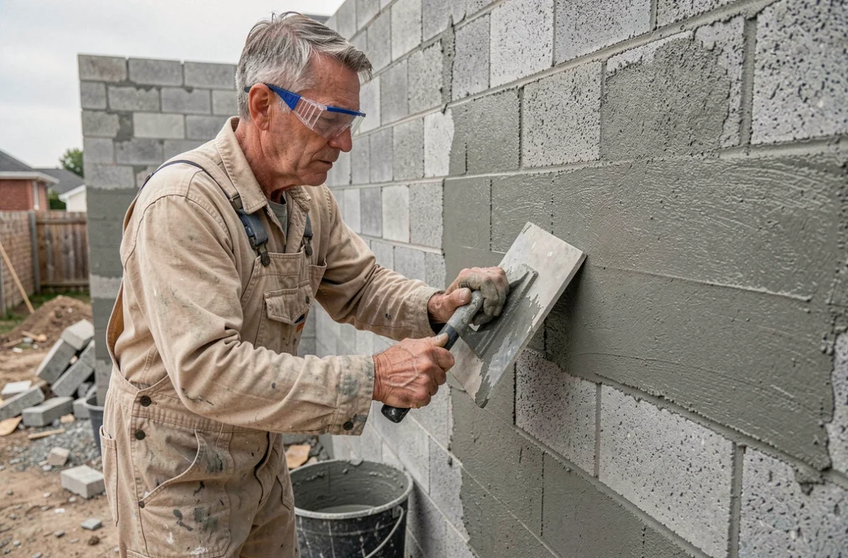 Ouvrier appliquant un enduit sur un mur en parpaings lors d'une rénovation extérieure