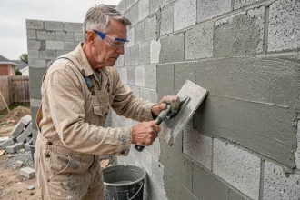 Ouvrier appliquant un enduit sur un mur en parpaings lors d'une rénovation extérieure