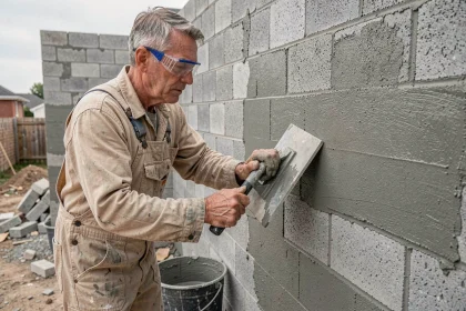 Ouvrier appliquant un enduit sur un mur en parpaings lors d'une rénovation extérieure