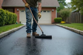 Artisan appliquant un enrobé liquide sur une allée résidentielle avec une raclette professionnelle