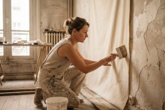 Femme appliquant une toile à peindre sur un mur abîmé et fissuré dans un appartement en rénovation