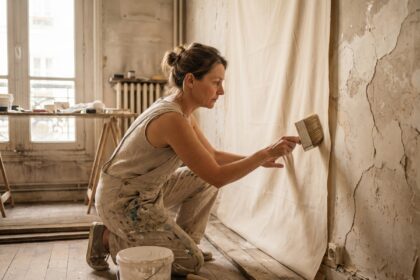 Femme appliquant une toile à peindre sur un mur abîmé et fissuré dans un appartement en rénovation