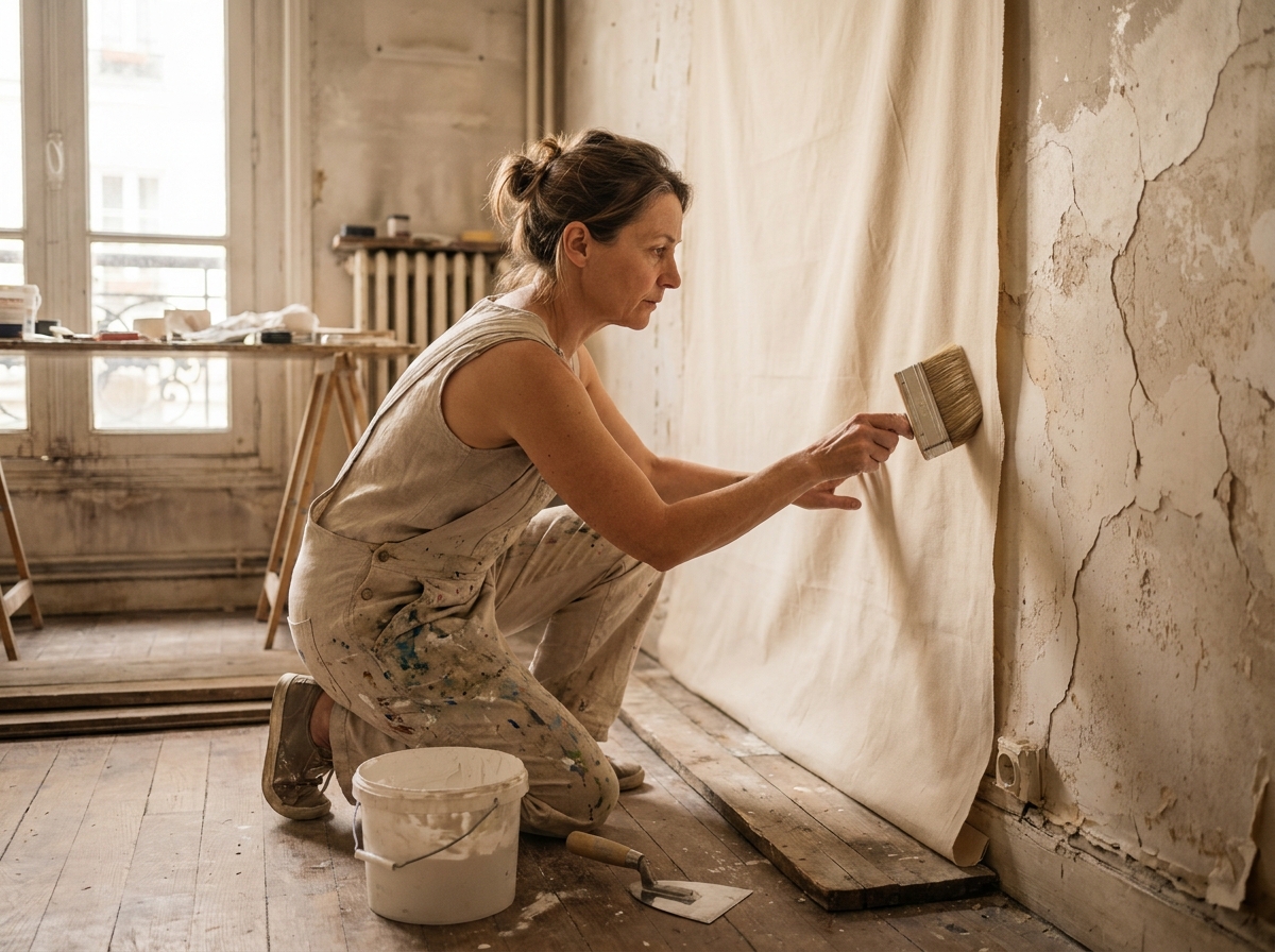 Femme appliquant une toile à peindre sur un mur abîmé et fissuré dans un appartement en rénovation