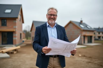 Architecte homme en blazer bleu sur site de construction