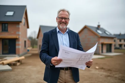 Architecte homme en blazer bleu sur site de construction