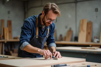 Artisan appliquant un panneau de fibrecouture plaquage sans vis apparentes sur un meuble moderne en atelier de menuiserie