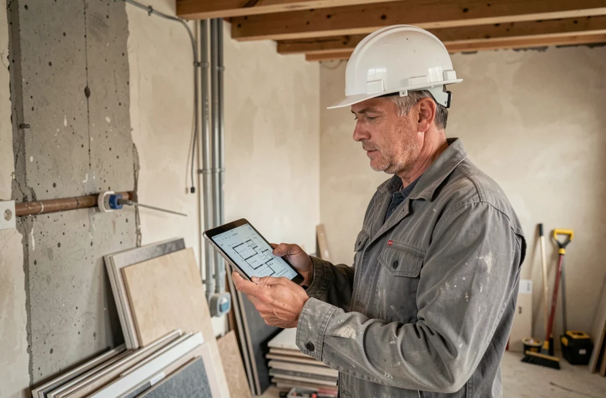 Artisan en veste de travail tenant une tablette numérique avec des plans de rénovation dans une cuisine en chantier aux murs de béton brut