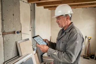 Artisan en veste de travail tenant une tablette numérique avec des plans de rénovation dans une cuisine en chantier aux murs de béton brut