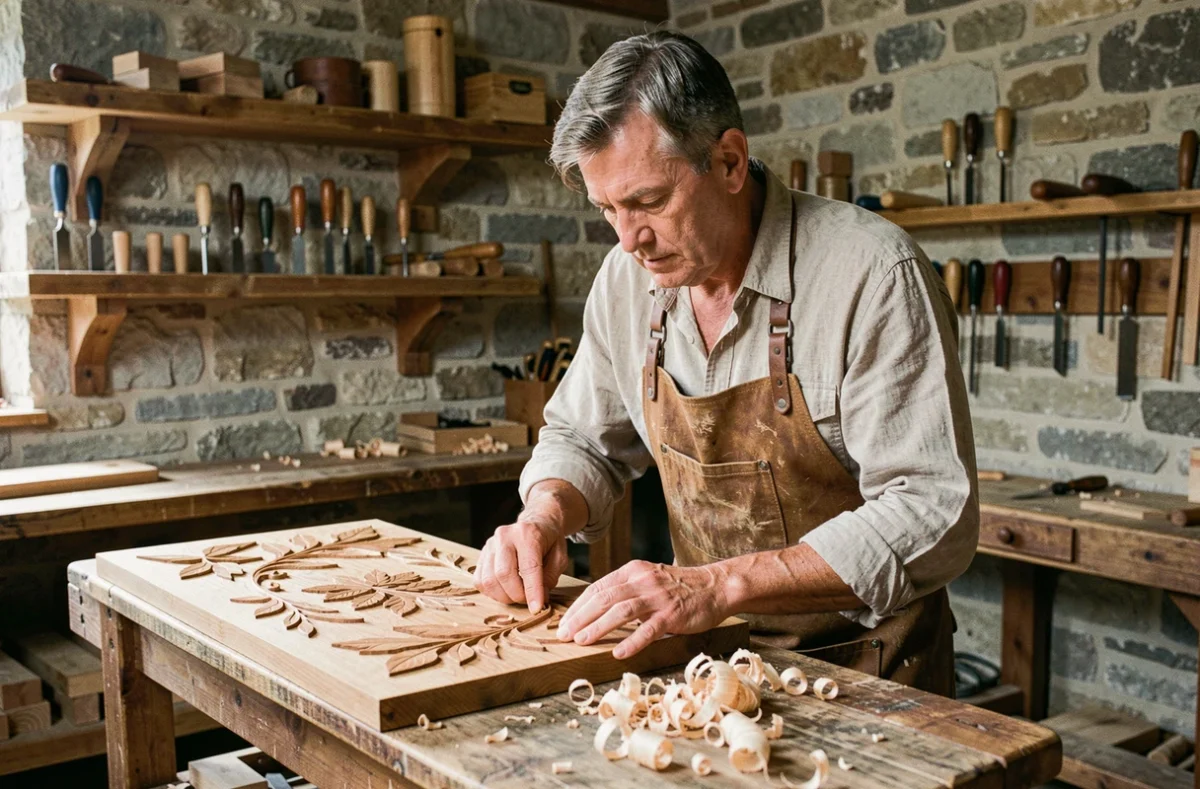 Artisan menuisier en tablier de cuir sculptant à la main des motifs végétaux sur un panneau en chêne dans un atelier traditionnel style Arts and Crafts