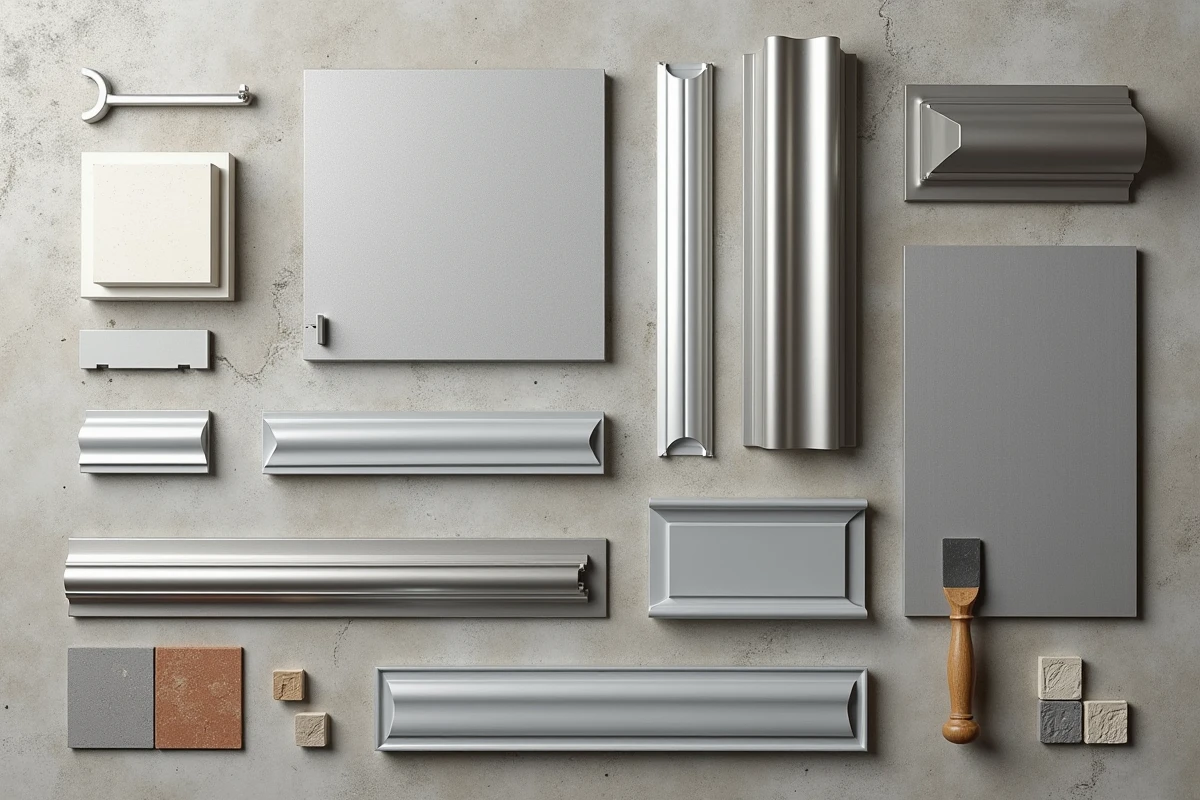 Assortiment de cornières en aluminium pour carrelage disposées sur béton avec outils de pose, vue de dessus