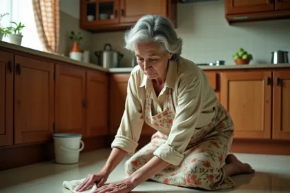 Une femme âgée nettoie un sol en lino avec une astuce de grand-mère au vinaigre blanc dans une cuisine traditionnelle