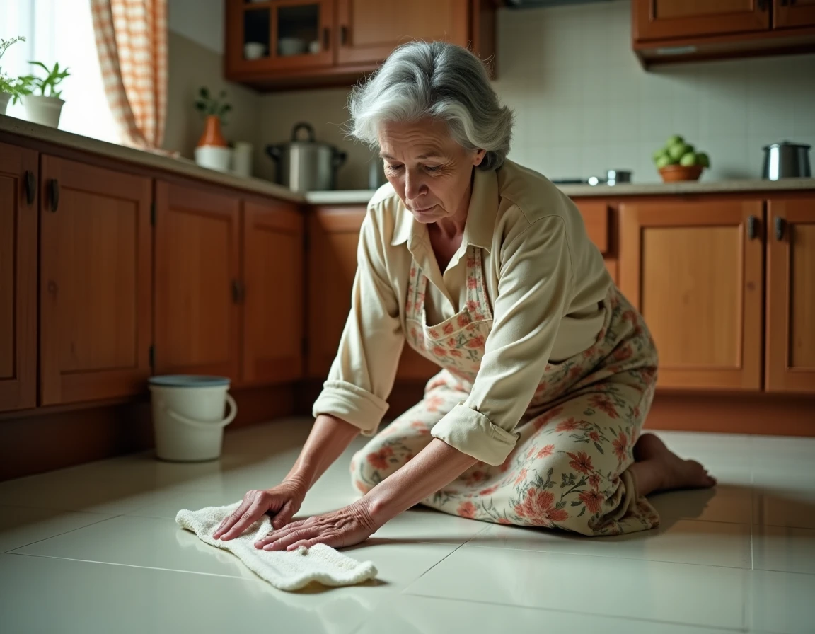Une femme âgée nettoie un sol en lino avec une astuce de grand-mère au vinaigre blanc dans une cuisine traditionnelle