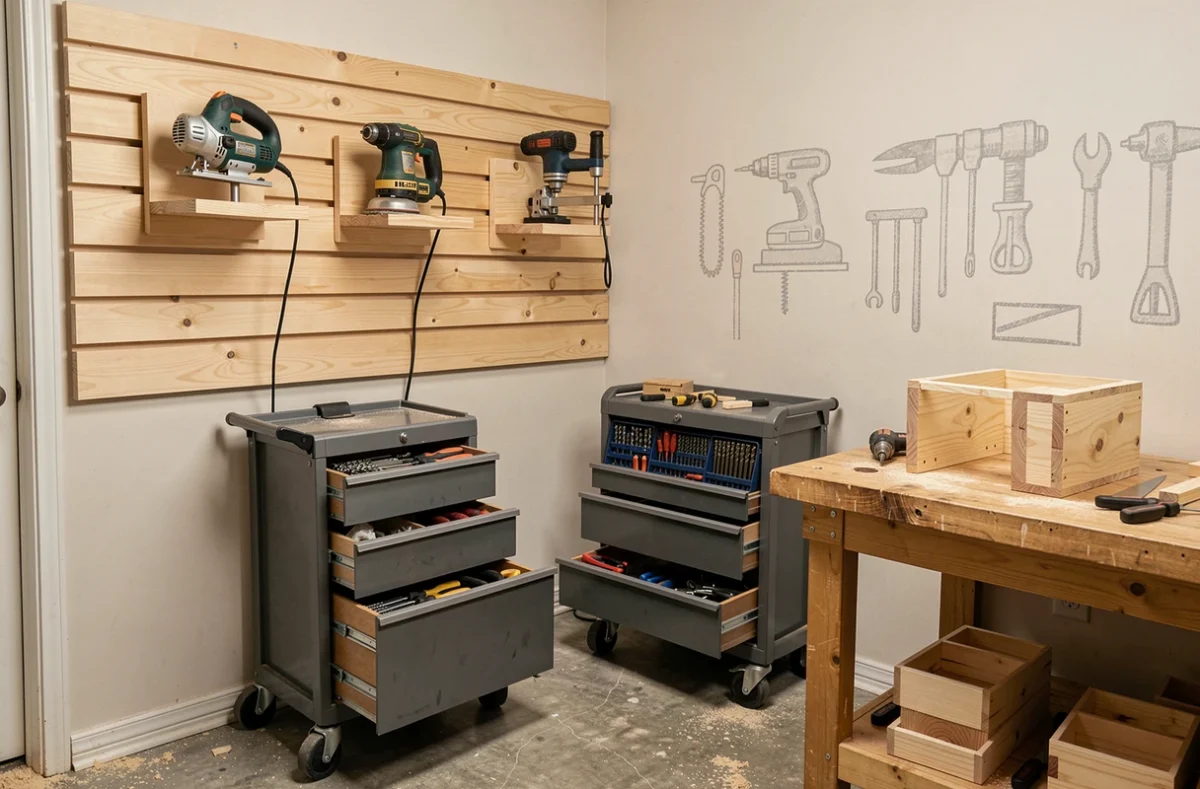 Atelier de menuiserie maison avec système de rangement mural French cleat et établi de travail organisé