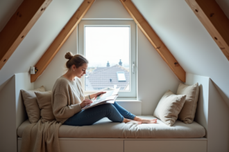 Femme dans un grenier rénové avec poutres en bois et lumière naturelle
