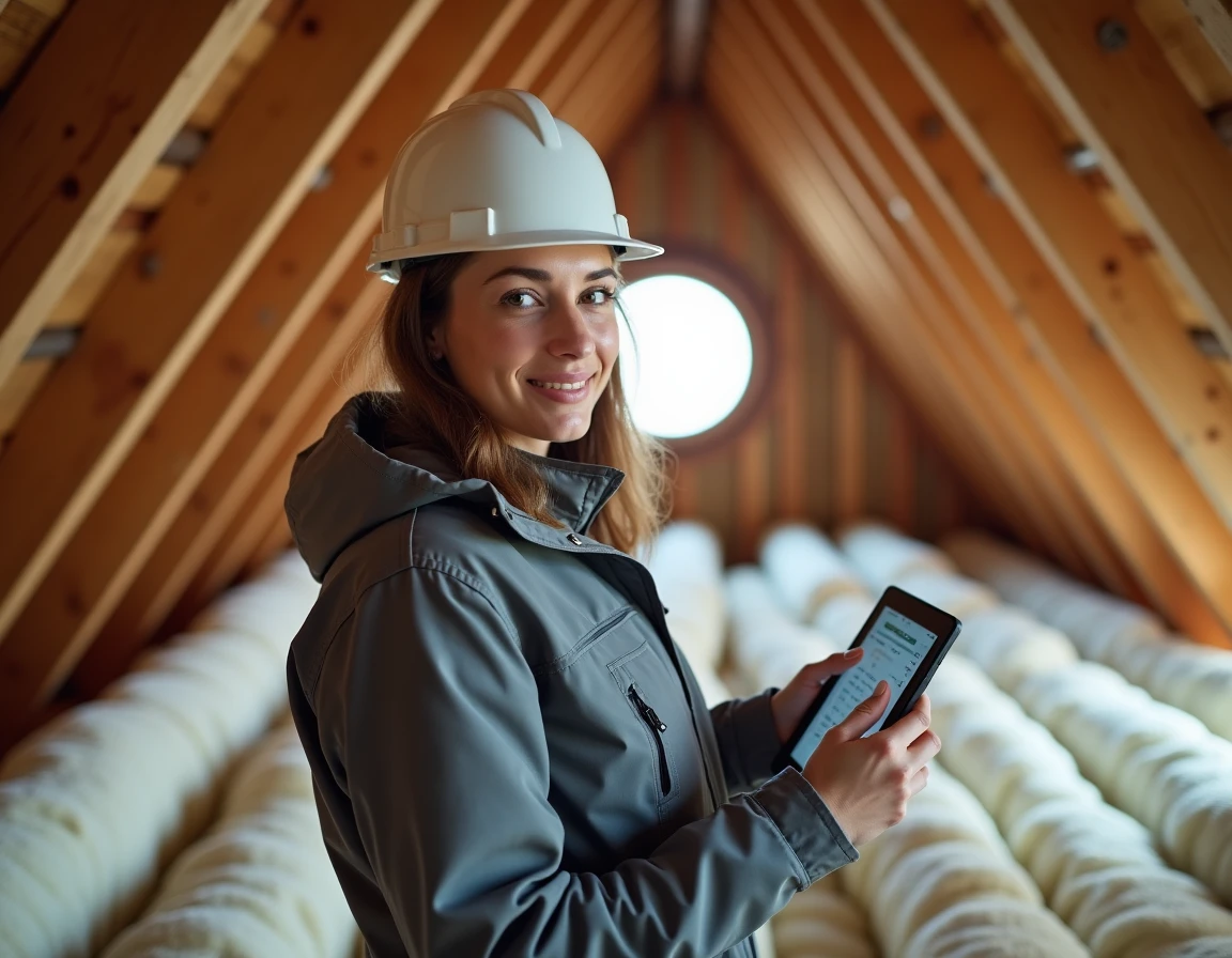 Auditrice énergétique mesurant l'isolation thermique dans les combles d'une maison