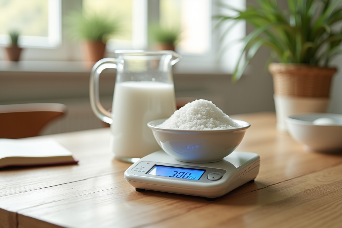 Balance de cuisine affichant 300 grammes avec bol de sucre