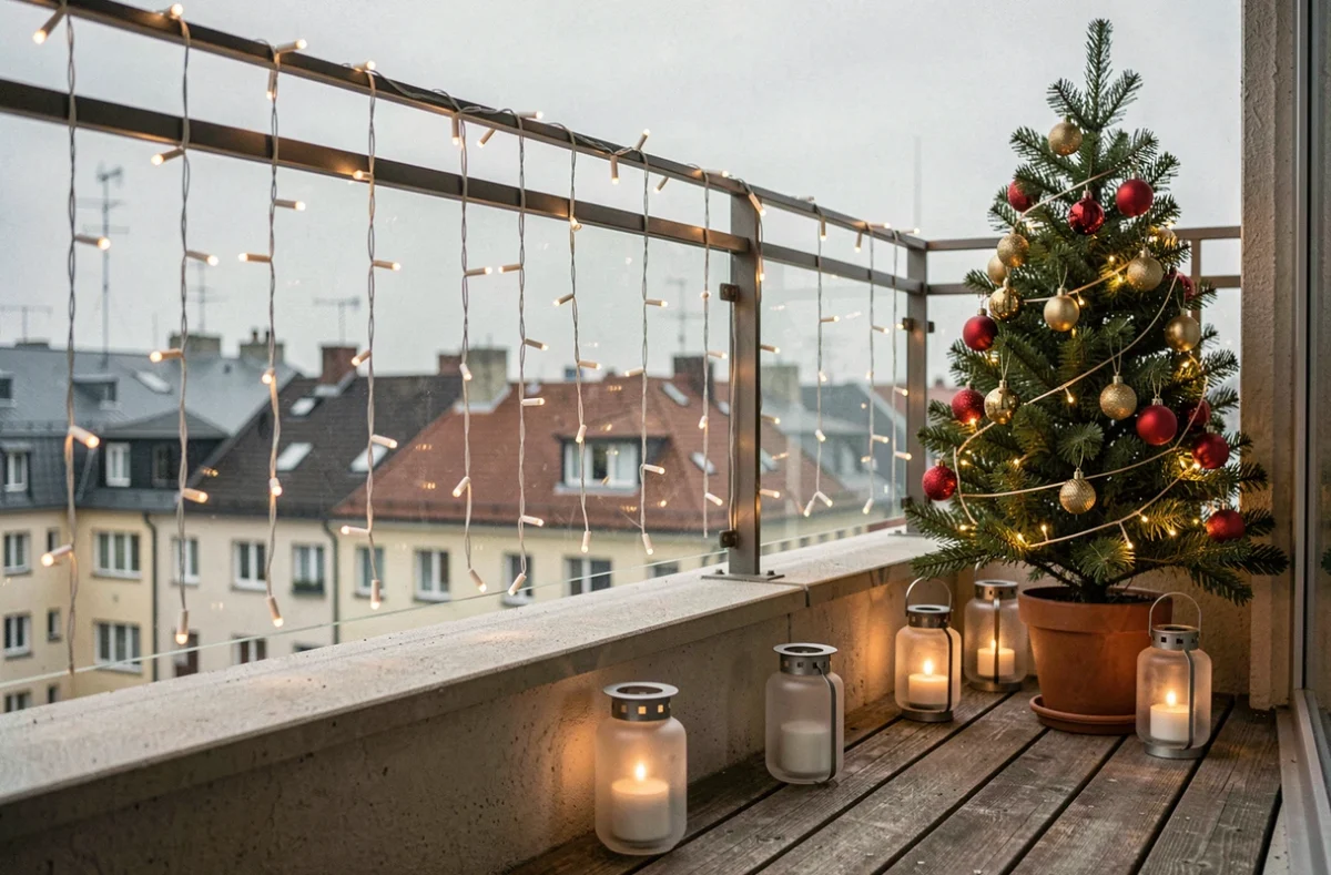 Balcon d'appartement décoré pour Noël avec guirlandes rideaux, lanternes et petit sapin illuminé