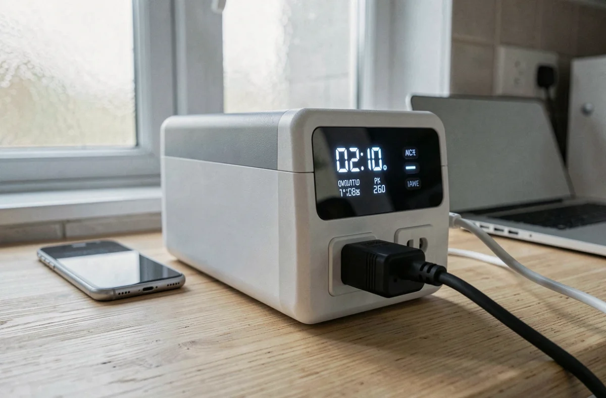 Batterie de kit solaire plug and play posée sur un plan de travail de cuisine avec appareils branchés