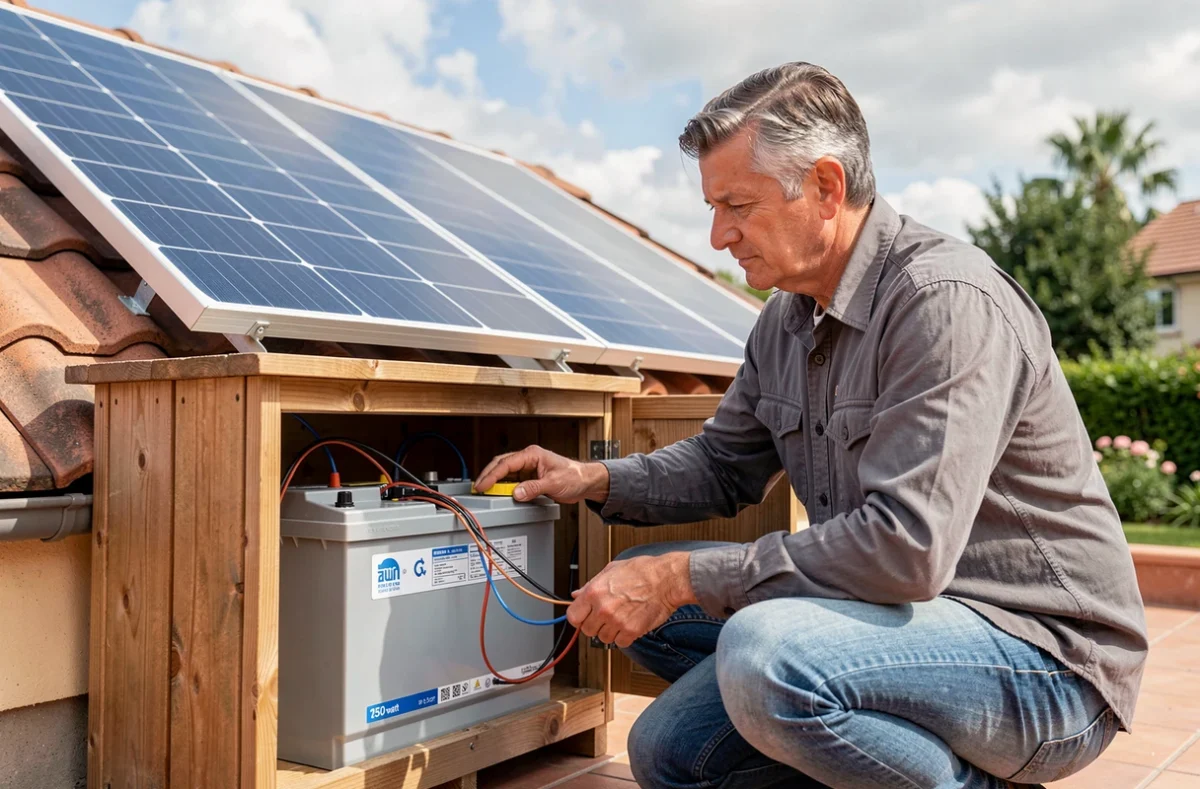 Homme inspectant une batterie associée à un panneau solaire de 250W sur une terrasse résidentielle
