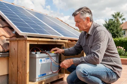 Homme inspectant une batterie associée à un panneau solaire de 250W sur une terrasse résidentielle