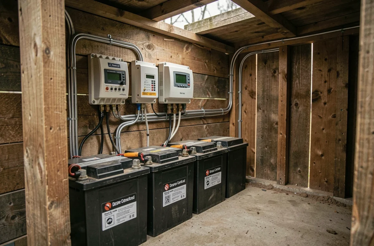 Batterie et régulateur de charge d'un kit solaire autonome dans un abri rural hors réseau