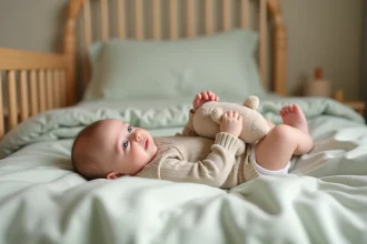 Bebe fille de 8 mois dans un lit en bois naturel