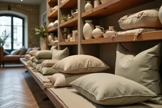 Boutique de décoration parisienne Maison Aimable avec étagères en chêne, vases en céramique artisanaux et objets déco en tons naturels