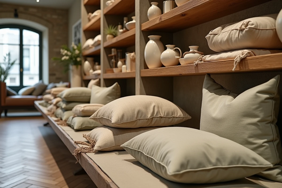 Boutique de décoration parisienne Maison Aimable avec étagères en chêne, vases en céramique artisanaux et objets déco en tons naturels