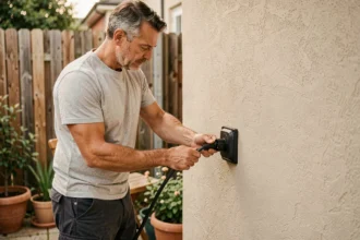 Homme connectant un câble de panneau solaire portable à une prise électrique extérieure murale en toute sécurité