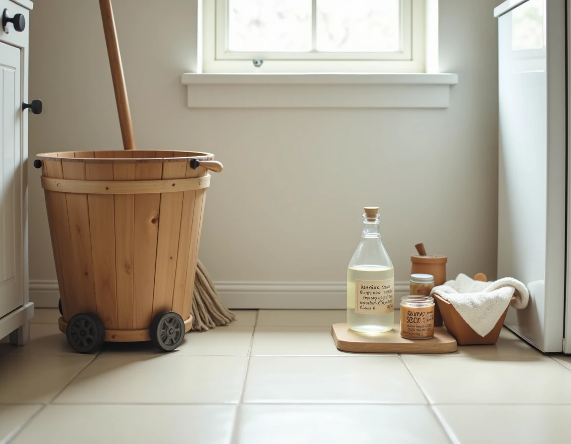 Buanderie vintage avec sol en lino propre et accessoires de nettoyage naturels faits maison posés sur une étagère en bois