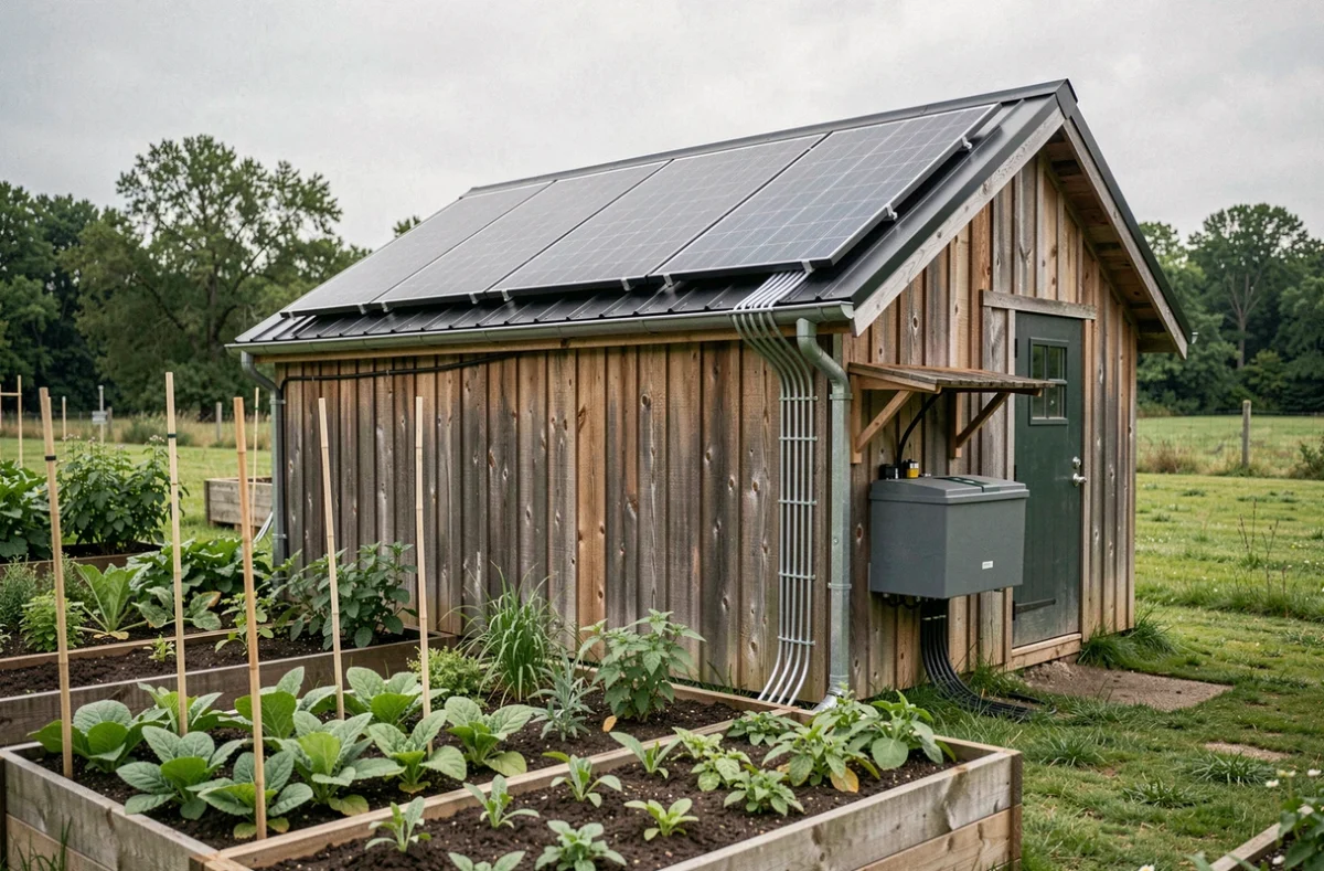 Cabanon de jardin autonome équipé de panneaux solaires sur le toit et d'une batterie murale extérieure
