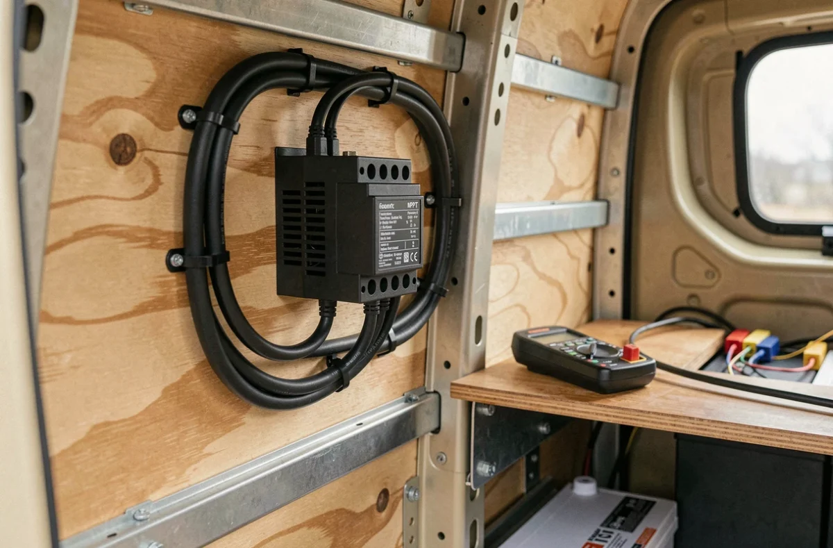 Câblage et contrôleur de charge MPPT installés à l'intérieur d'un fourgon aménagé avec batterie lithium