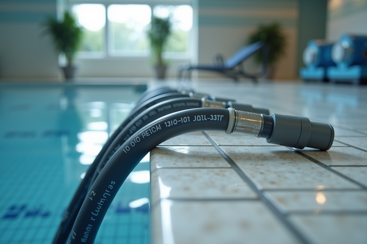 Gros plan sur câbles électriques étanches pour piscine dans une salle technique