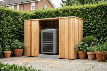 Caisson en bois autour d'une pompe à chaleur dans un jardin résidentiel moderne