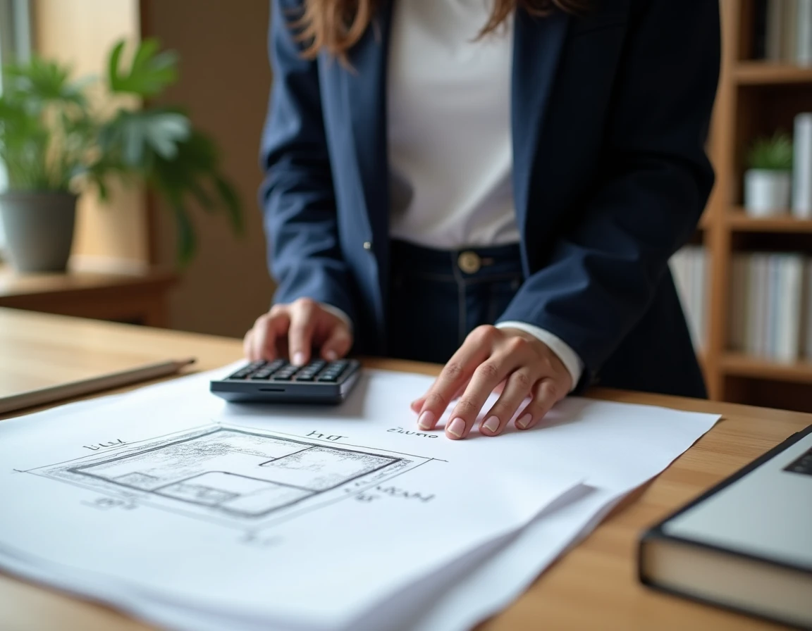 Femme calculant la superficie d'un terrain à partir d'un croquis coté à la main