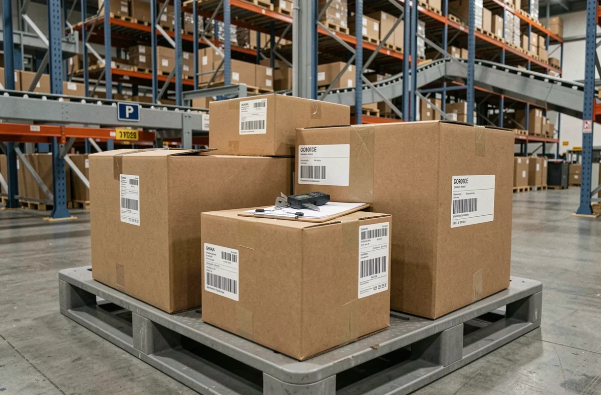 Assortiment de cartons de différentes tailles sur palette dans un centre de distribution pour illustrer l'optimisation des emballages