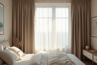 Intérieur de chambre chaleureuse avec rideaux occultants lumineux
