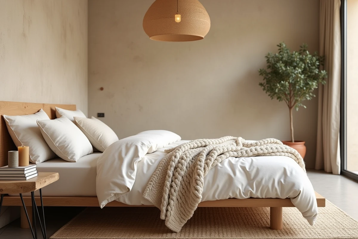Chambre naturelle et durable avec lit en chêne, linge de lit en coton bio, plaid en laine, table de nuit en acacia et plante en pot dans une déco organique