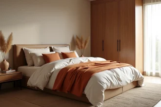 Chambre parentale moderne et chaleureuse avec literie en lin ivoire et terracotta, tête de lit en noyer et décoration naturelle épurée