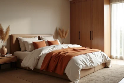 Chambre parentale moderne et chaleureuse avec literie en lin ivoire et terracotta, tête de lit en noyer et décoration naturelle épurée