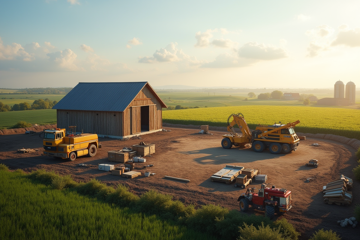 Chantier agricole avec machines et cultures ensoleillees